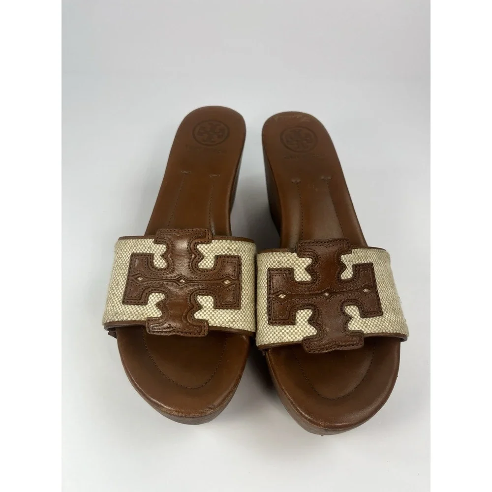 Tory Burch Terri Wood Canvas Wedge Sandals Women's Size 8.5M Brown Slip On